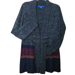 Apt. 9 Open Front Cardigan in Grey with Navy & Maroon Bands - Size M